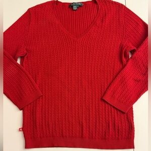 Ralph Lauren Women's 100% Cotton Red V-Neck Cable Knit Sweater 3/4 Sleeves Sz S